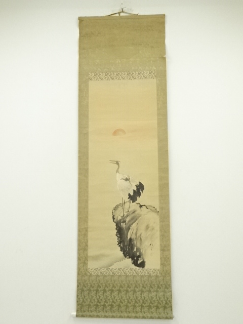 JAPANESE HANGING SCROLL / HAND PAINTED / RISING SUN & CRANE